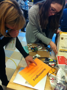 irst grade teacher Laura Nielsen works with Hummingbird, an interface for physical programming, one of the many great tools participants at the Invent to Learn workshop were exposed to.  