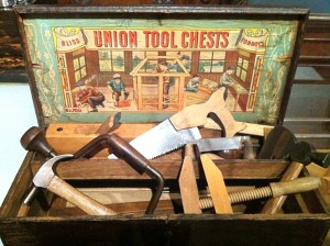 Child’s tool box on display at the Hewitt Cooper Smithsonian Museum of Design, from the Tools exhibit, a history of technology for making and discovering, note that nothing is made of plastic