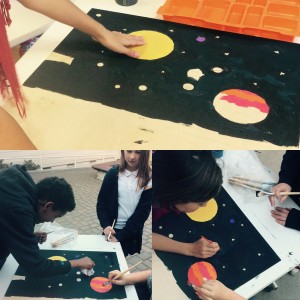 5th grade students often identify with their artist self in other classes. Here students paint the back drop for their museum installation to celebrate astronaut Christa Mcauliffe.